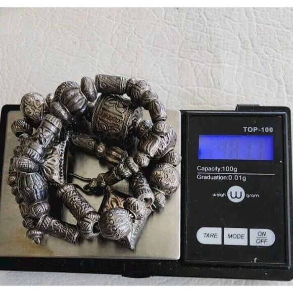 VINTAGE THAI TRIBAL STERLING SILVER OVER WAX REPOUSSE BEADED NECKLACE 18" 48g - Picture 7 of 7